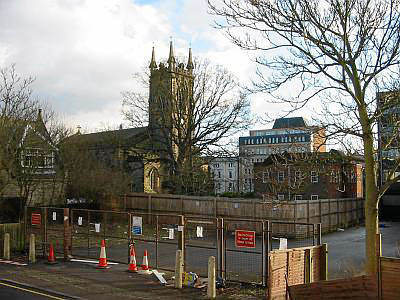 View from York Road to Trinity Church - before demolition of Telephone House in Jan 2003