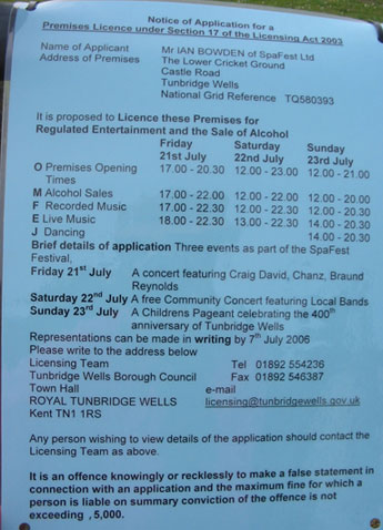Spafest - Licensing Application - Common Lower Cricket Ground - 21-23 July 2006